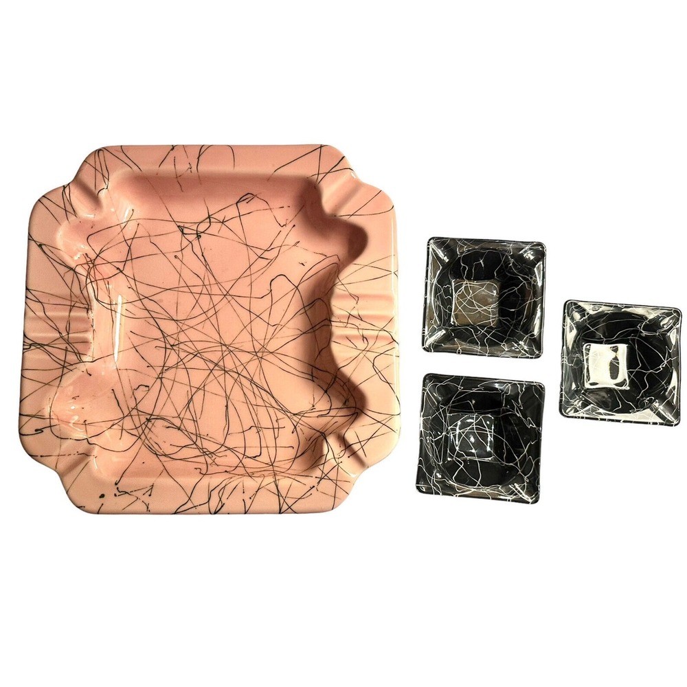 FAB MCM Ashtray Set Large Pink Black Squiggly Accents & Three Black & White